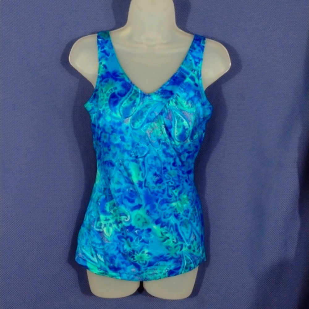 One-piece shades of blue paisley swimsuit